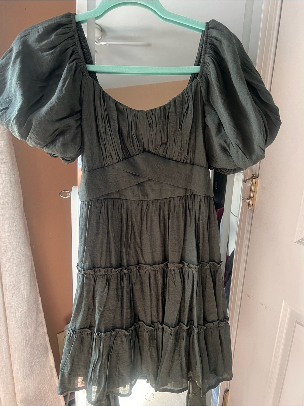 Francesca's Collections Olive Puff-Sleeve Tiered Mini Dress